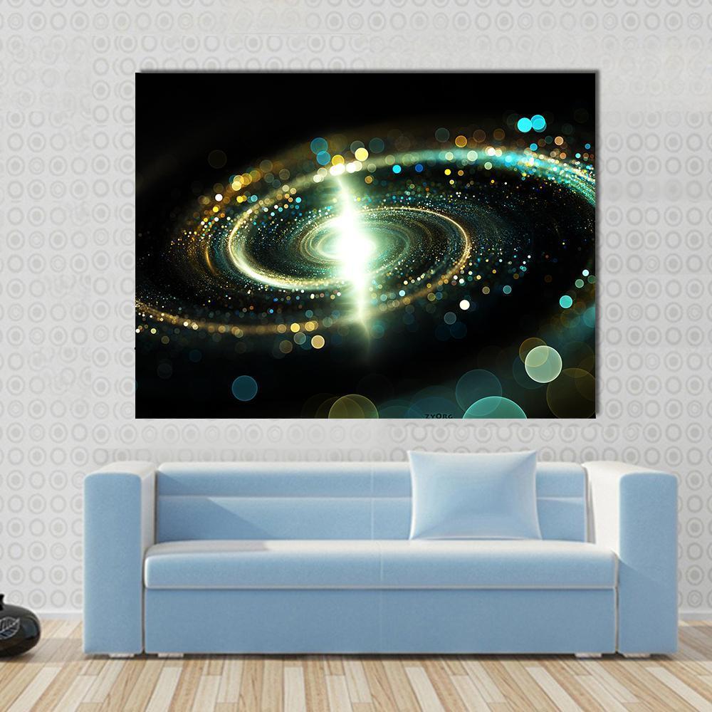 Spiral Galaxy Representation Via Lights Canvas Wall Art in black, gold and blue, single panel hung on a wall