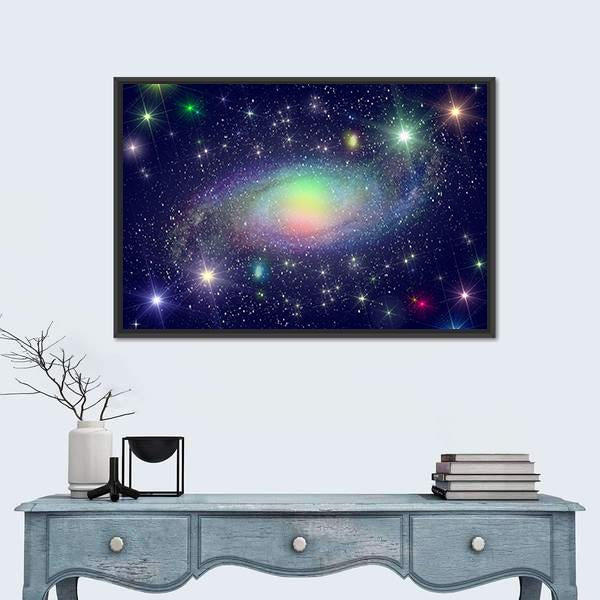 Spiral Galaxy Surrounded by Stars Canvas Wall Art in black, blue and multicolor, framed canvas, product view on a white background