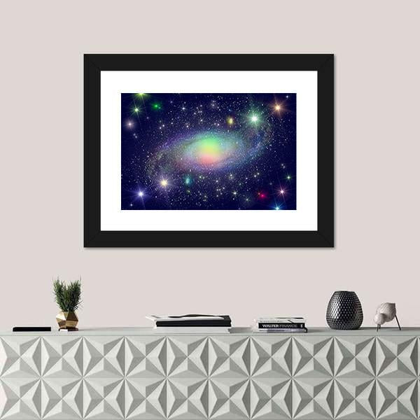 Spiral Galaxy Surrounded By Stars Canvas Wall Art-1 Piece-Framed Print-20" x 16"-Tiaracle
