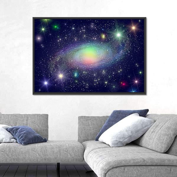 Spiral Galaxy Surrounded By Stars Canvas Wall Art-3 Horizontal-Gallery Wrap-25" x 16"-Tiaracle