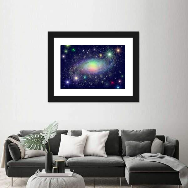 Spiral Galaxy Surrounded By Stars Canvas Wall Art-3 Horizontal-Gallery Wrap-25" x 16"-Tiaracle