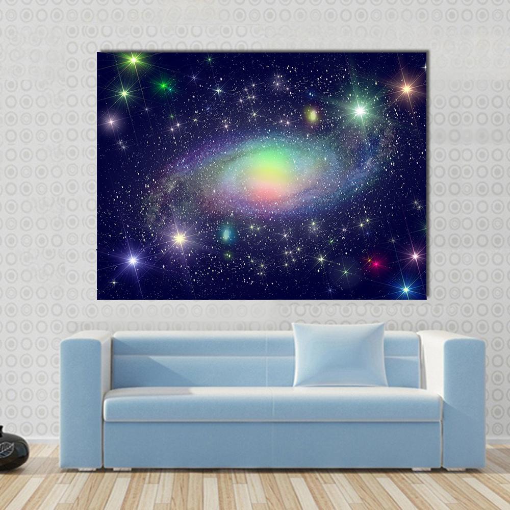 Spiral Galaxy Surrounded by Stars Canvas Wall Art in black, blue and multicolor, single panel hung on a wall