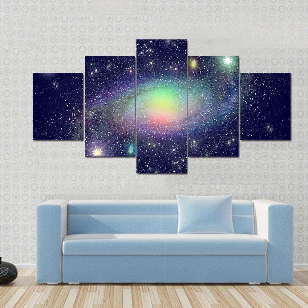 Spiral Galaxy Surrounded By Stars Canvas Wall Art-5 Star-Gallery Wrap-62" x 32"-Tiaracle