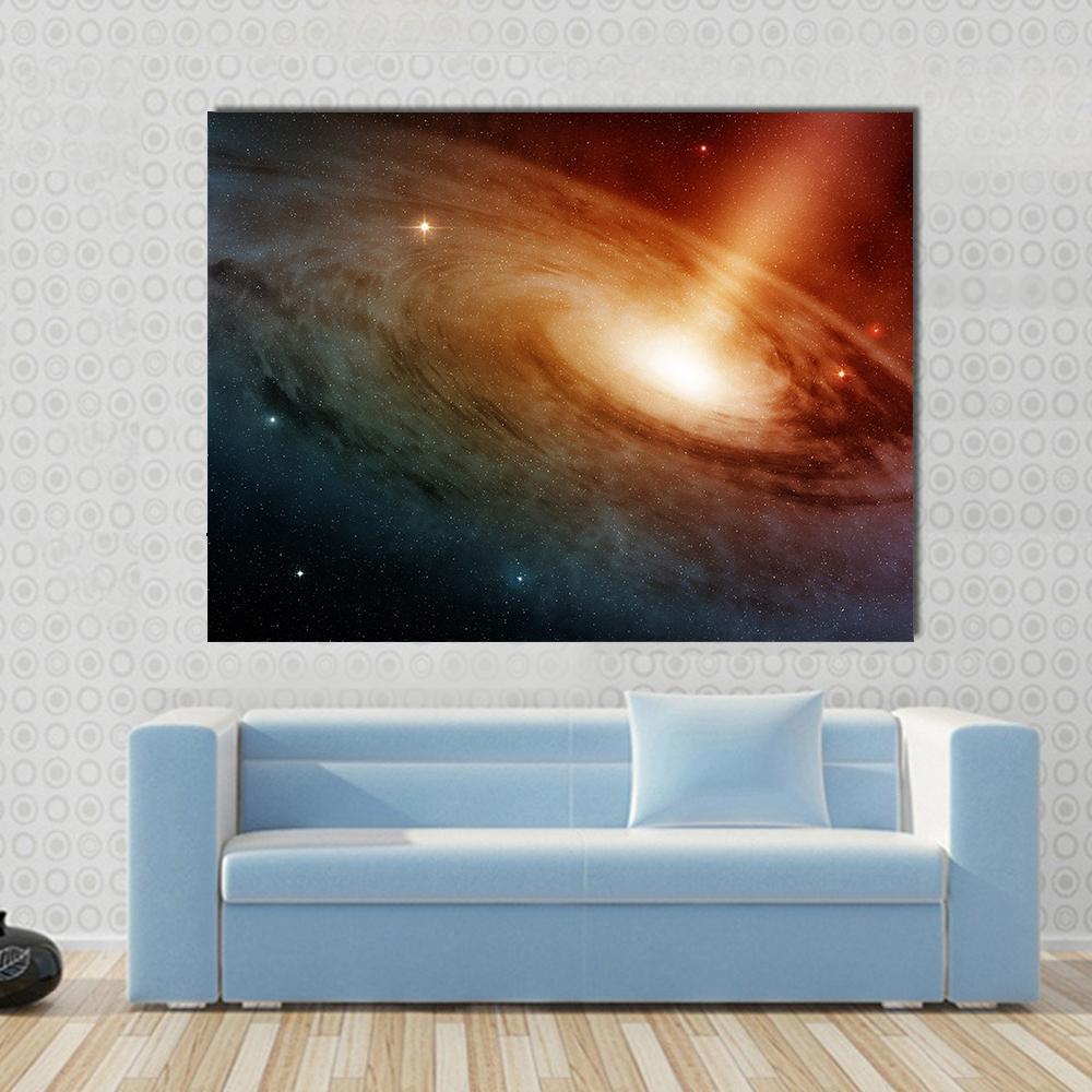Glowing Spiral Galaxy in Deep Space Canvas Wall Art in black, orange and blue, single panel hung on a wall