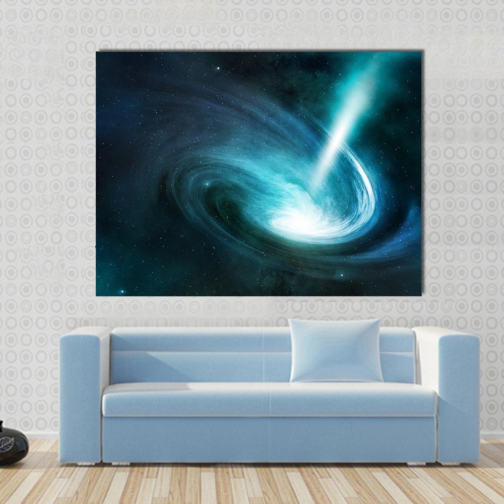 Spiral Nebula and Light Ray Canvas Wall Art in black and blue, single panel hung on a wall