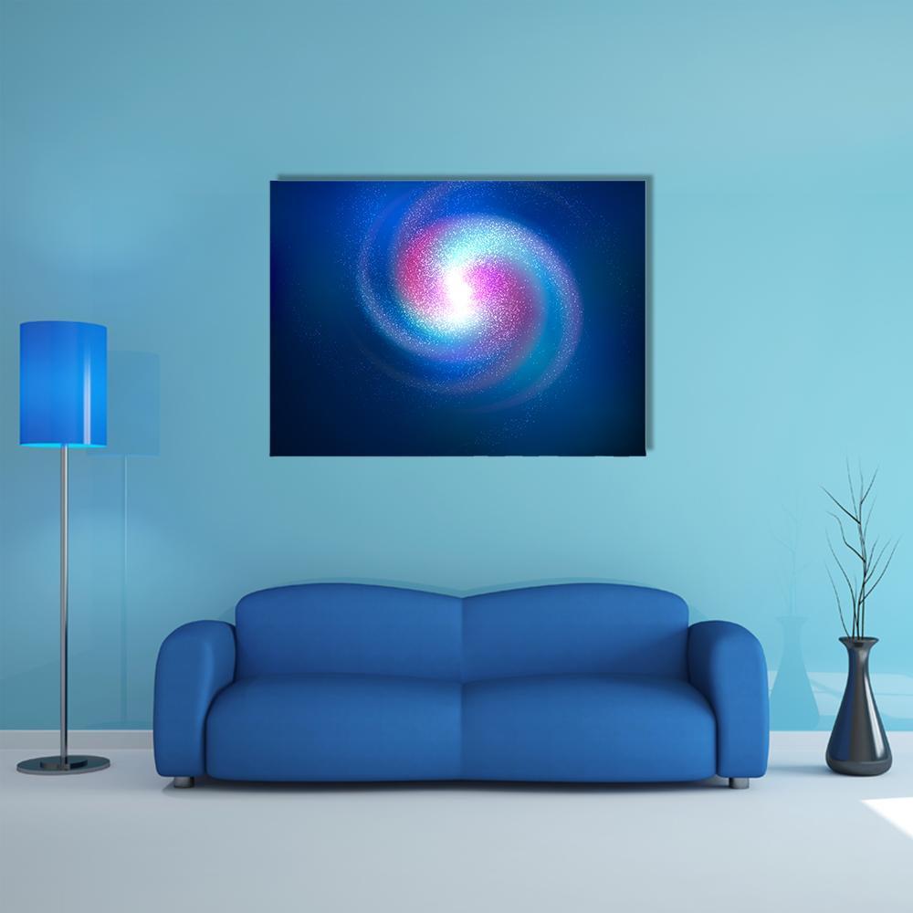 Spiral Nebula and Stars Canvas Wall Art in blue, navy and pink, single panel hung on a wall