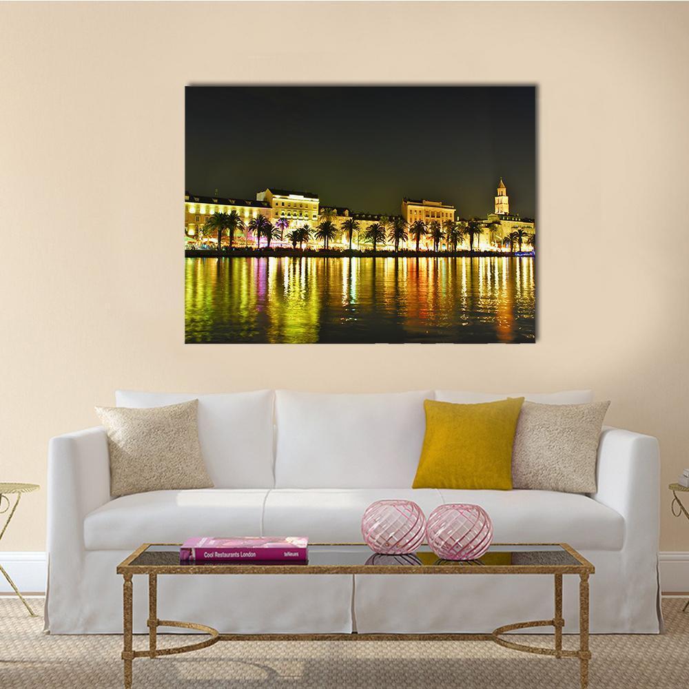 Old Town in Croatia Canvas Wall Art in black, gold and yellow, single panel hung on a wall