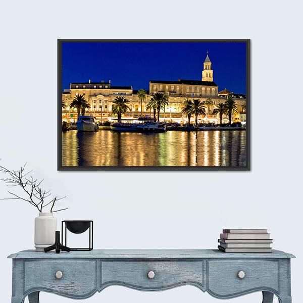 Split Waterfront Evening Panorama In Dalmatia Canvas Wall Art-1 Piece-Floating Frame-24" x 16"-Tiaracle