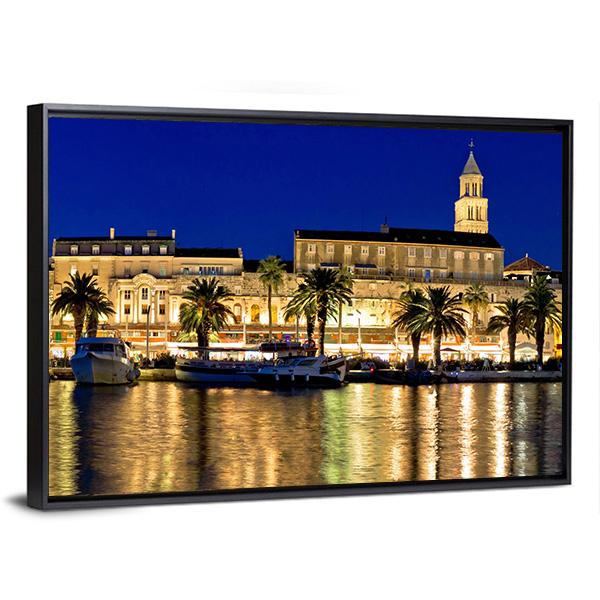 Split Waterfront Evening Panorama In Dalmatia Canvas Wall Art-3 Horizontal-Gallery Wrap-25" x 16"-Tiaracle