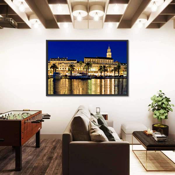 Split Waterfront Evening Panorama In Dalmatia Canvas Wall Art-3 Horizontal-Gallery Wrap-25" x 16"-Tiaracle