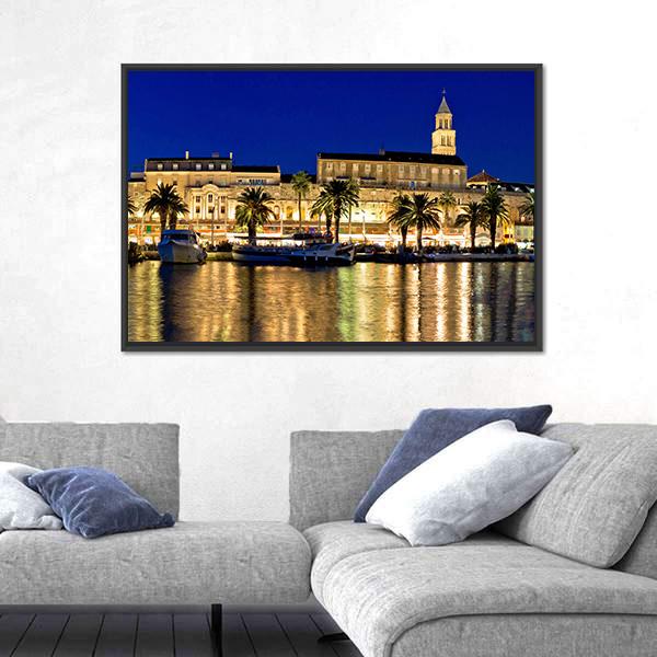 Split Waterfront Evening Panorama In Dalmatia Canvas Wall Art-3 Horizontal-Gallery Wrap-25" x 16"-Tiaracle