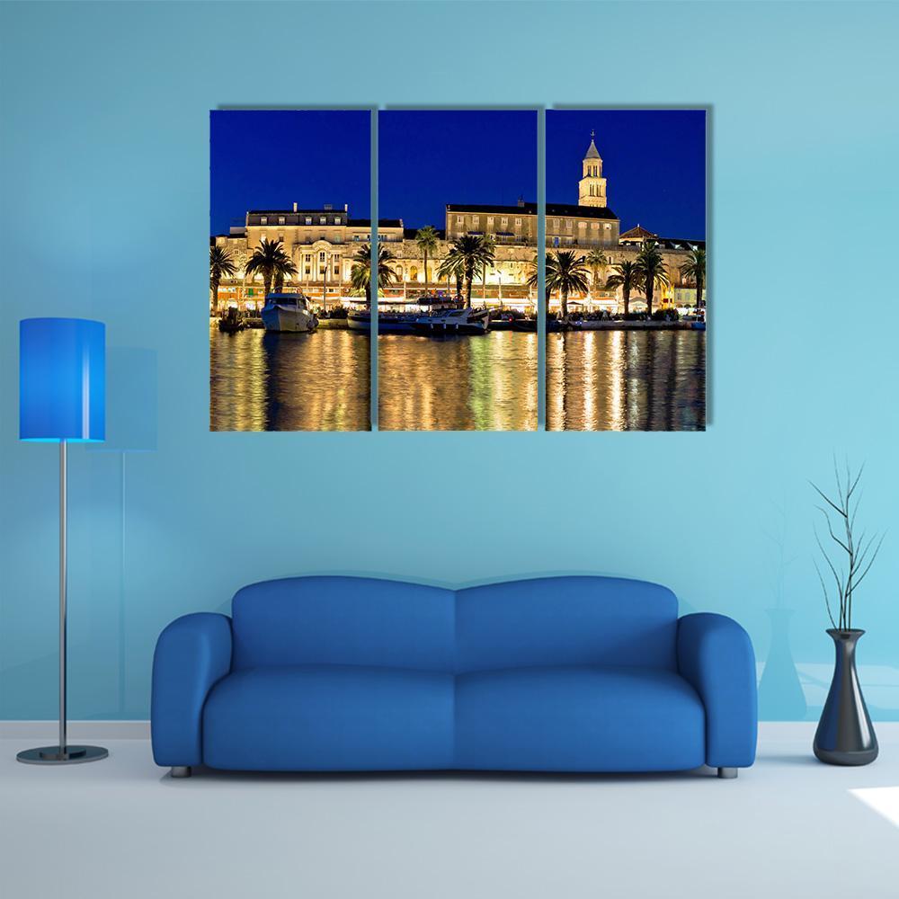 Split Waterfront Evening Panorama In Dalmatia Canvas Wall Art-3 Horizontal-Gallery Wrap-37" x 24"-Tiaracle