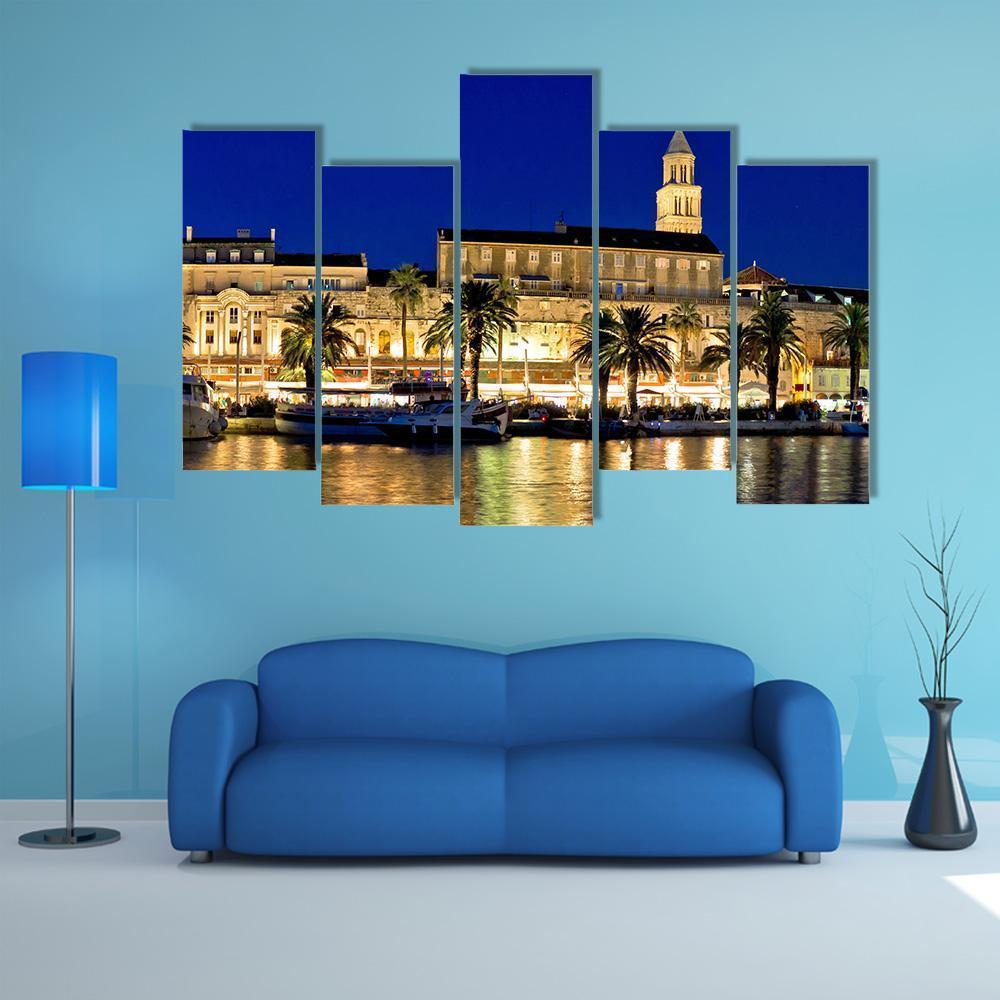 Split Waterfront Evening Panorama In Dalmatia Canvas Wall Art-5 Pop-Gallery Wrap-47" x 32"-Tiaracle