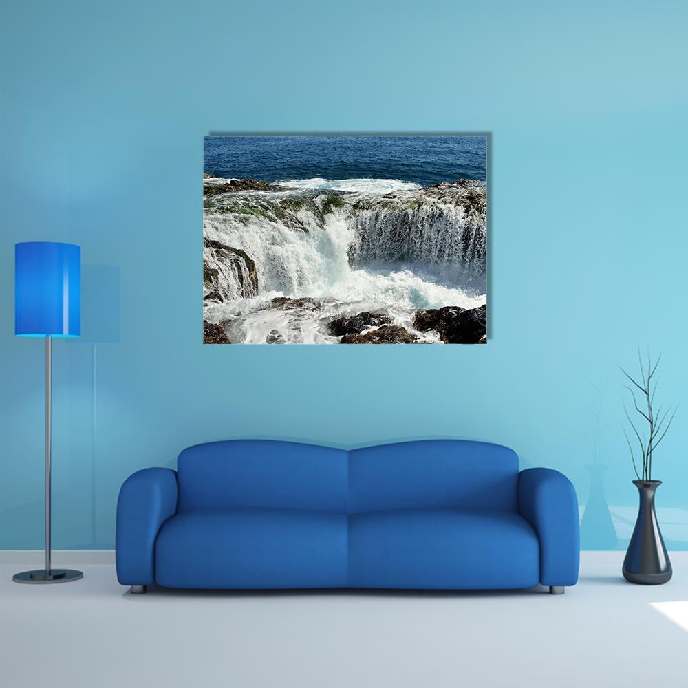 Spontaneous Waterfall in Canary Islands Canvas Wall Art in black, white and blue, single panel hung on a wall