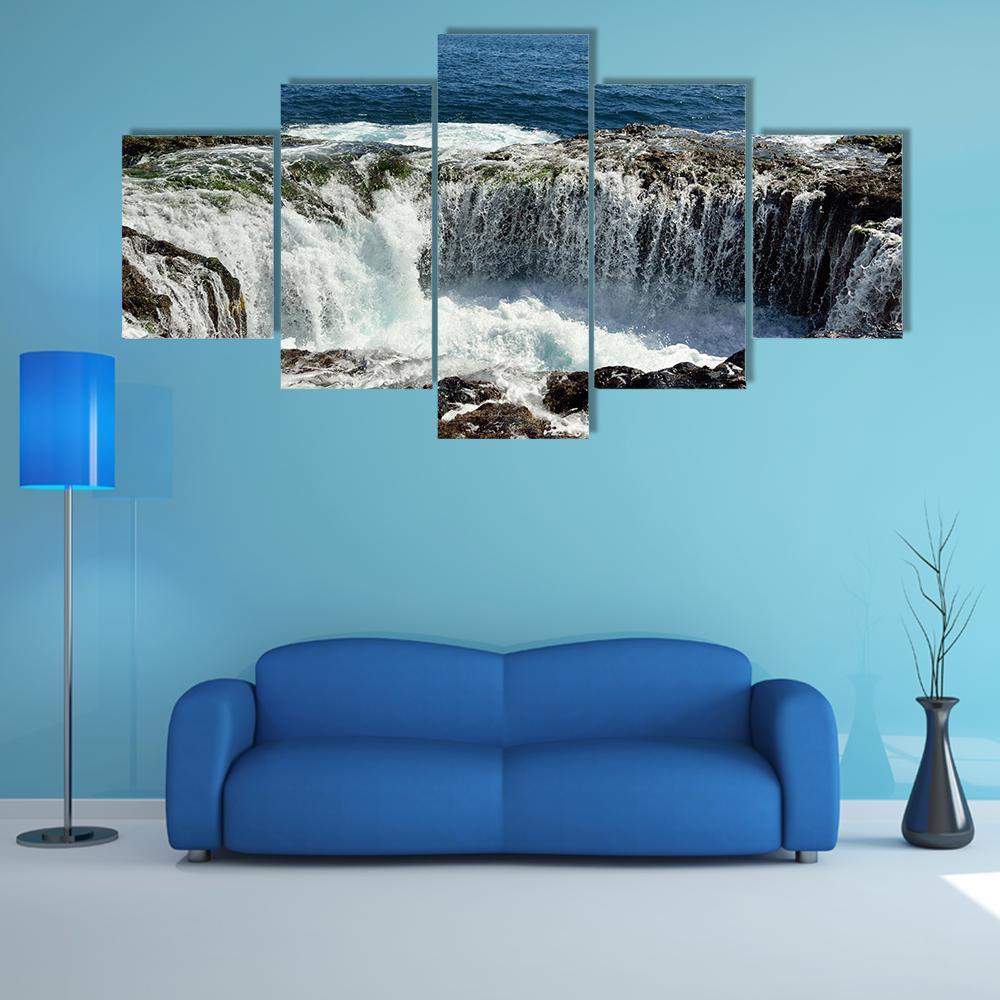 Spontaneous Waterfall in Canary Islands Canvas Wall Art in black, white and blue, 5 panel Star layout hung on a wall