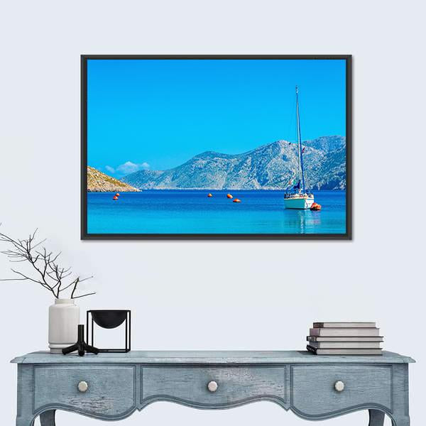 Sport Yacht In Silent Bay On Greek Island Canvas Wall Art-1 Piece-Floating Frame-24" x 16"-Tiaracle