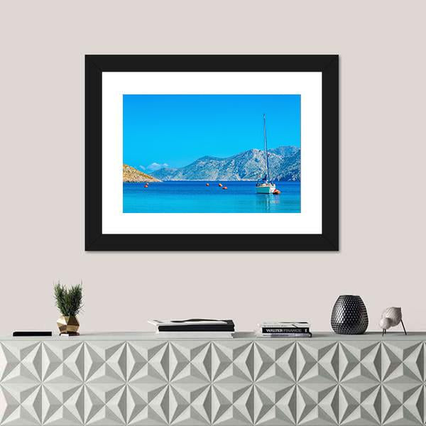 Sport Yacht In Silent Bay On Greek Island Canvas Wall Art-1 Piece-Framed Print-20" x 16"-Tiaracle