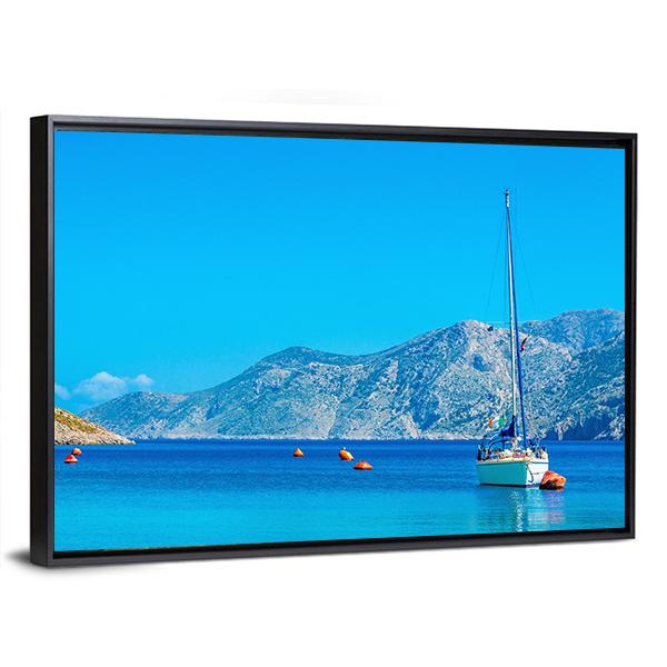 Sport Yacht In Silent Bay On Greek Island Canvas Wall Art-3 Horizontal-Gallery Wrap-25" x 16"-Tiaracle