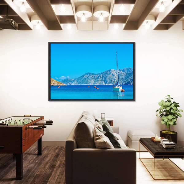 Sport Yacht In Silent Bay On Greek Island Canvas Wall Art-3 Horizontal-Gallery Wrap-25" x 16"-Tiaracle