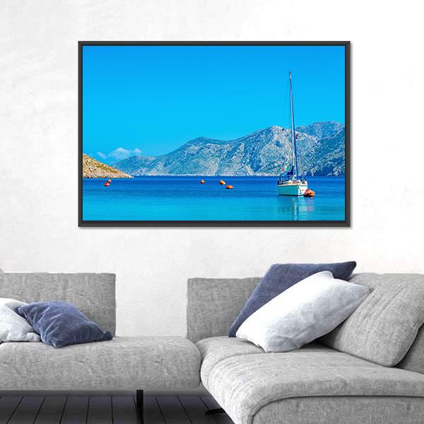 Sport Yacht In Silent Bay On Greek Island Canvas Wall Art-3 Horizontal-Gallery Wrap-25" x 16"-Tiaracle
