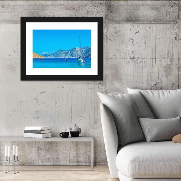 Sport Yacht In Silent Bay On Greek Island Canvas Wall Art-3 Horizontal-Gallery Wrap-25" x 16"-Tiaracle
