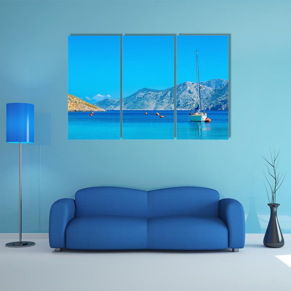 Sport Yacht In Silent Bay On Greek Island Canvas Wall Art-3 Horizontal-Gallery Wrap-37" x 24"-Tiaracle