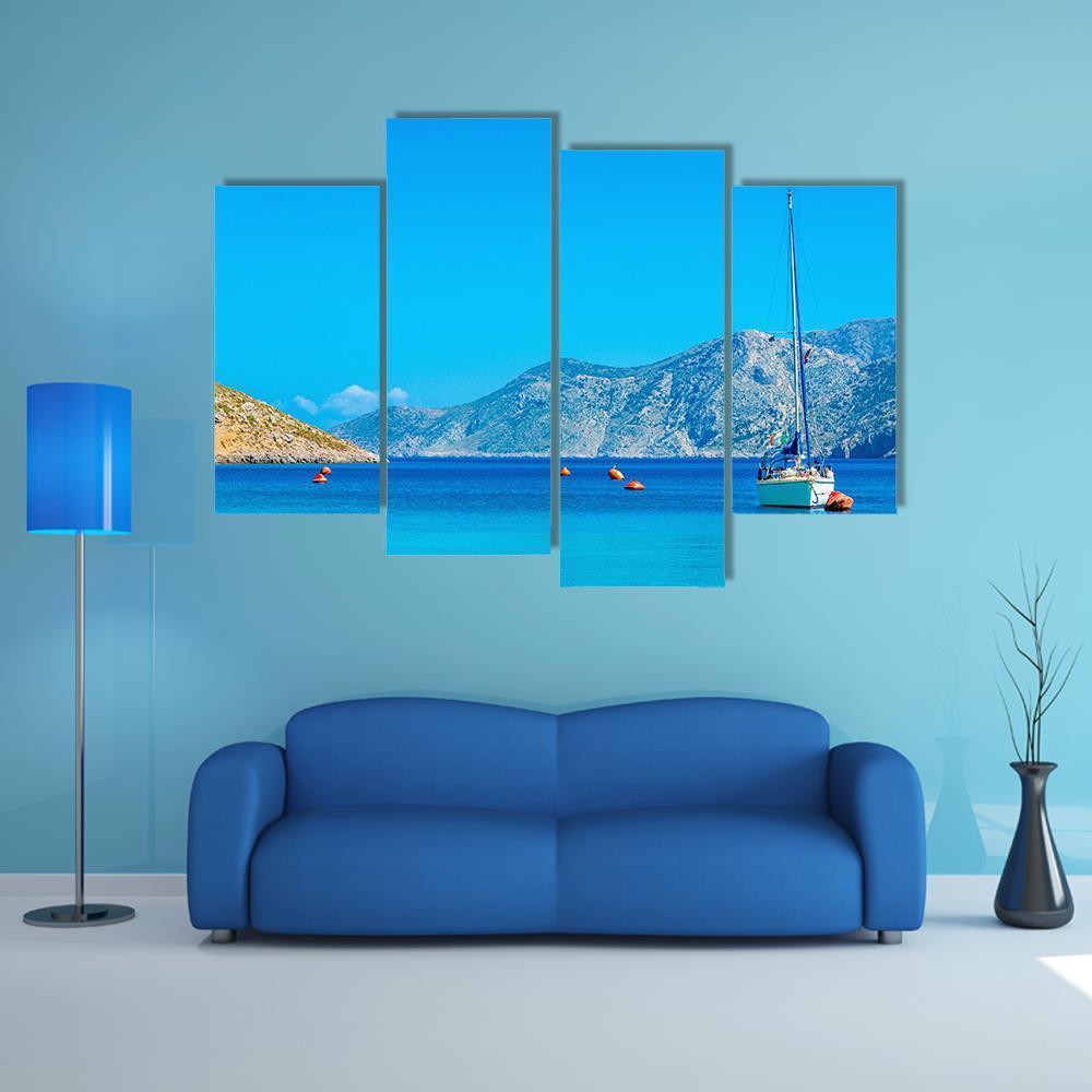 Sport Yacht In Silent Bay On Greek Island Canvas Wall Art-4 Pop-Gallery Wrap-50" x 32"-Tiaracle