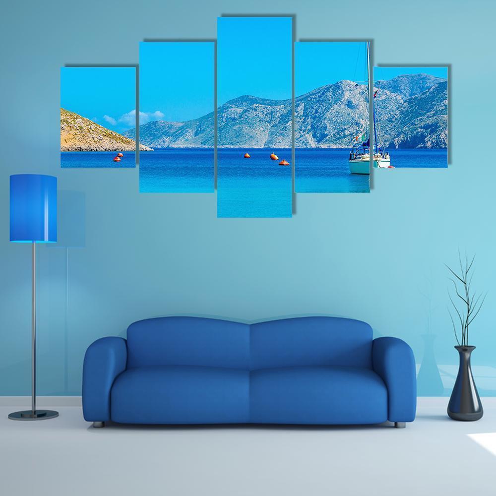 Sport Yacht In Silent Bay On Greek Island Canvas Wall Art-5 Star-Gallery Wrap-62" x 32"-Tiaracle