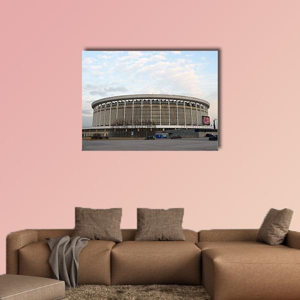 Sports and Concert Complex in Russia Canvas Wall Art in white, gray and blue, single panel hung on a wall