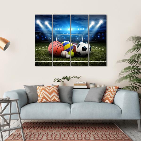 Sports Balls And Stadium Canvas Wall Art-4 Horizontal-Gallery Wrap-34&quot; x 24&quot;-Tiaracle
