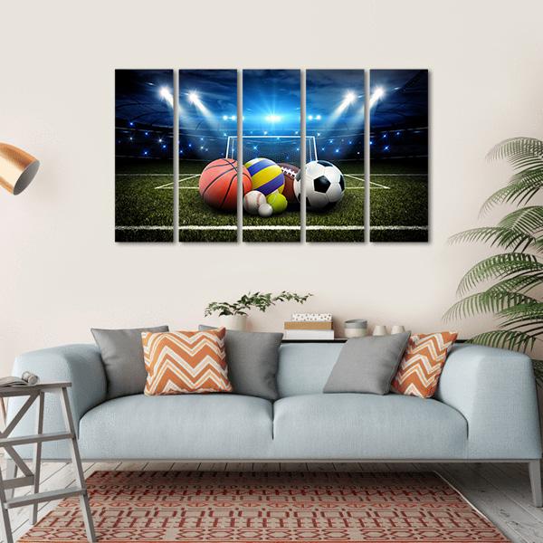 Sports Balls And Stadium Canvas Wall Art-5 Horizontal-Gallery Wrap-22&quot; x 12&quot;-Tiaracle