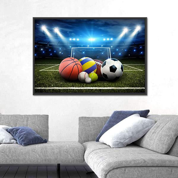 Sports Balls And Stadium Panoramic Canvas Wall Art-1 Piece-36&quot; x 12&quot;-Tiaracle