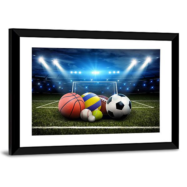 Sports Balls And Stadium Panoramic Canvas Wall Art-1 Piece-36" x 12"-Tiaracle