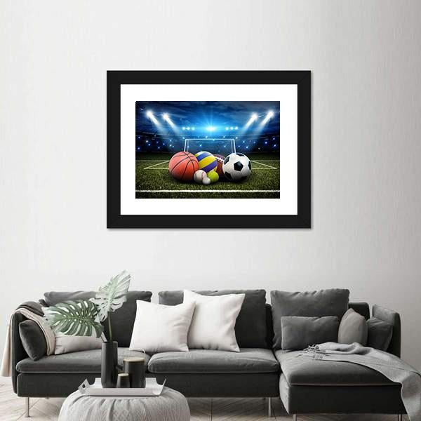 Sports Balls And Stadium Panoramic Canvas Wall Art-1 Piece-36" x 12"-Tiaracle