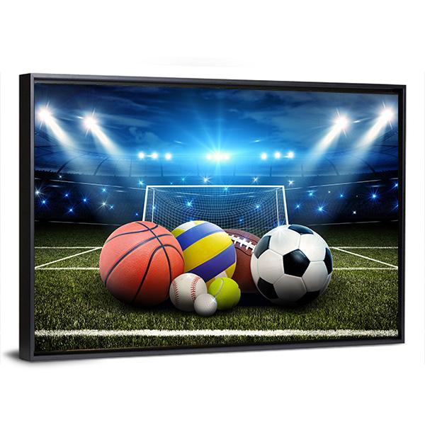 Sports Balls And Stadium Panoramic Canvas Wall Art-1 Piece-36" x 12"-Tiaracle