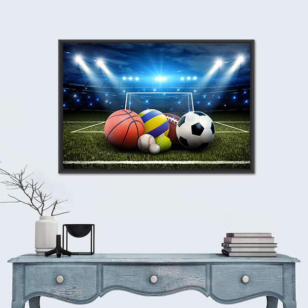 Sports Balls And Stadium Panoramic Canvas Wall Art-1 Piece-36" x 12"-Tiaracle