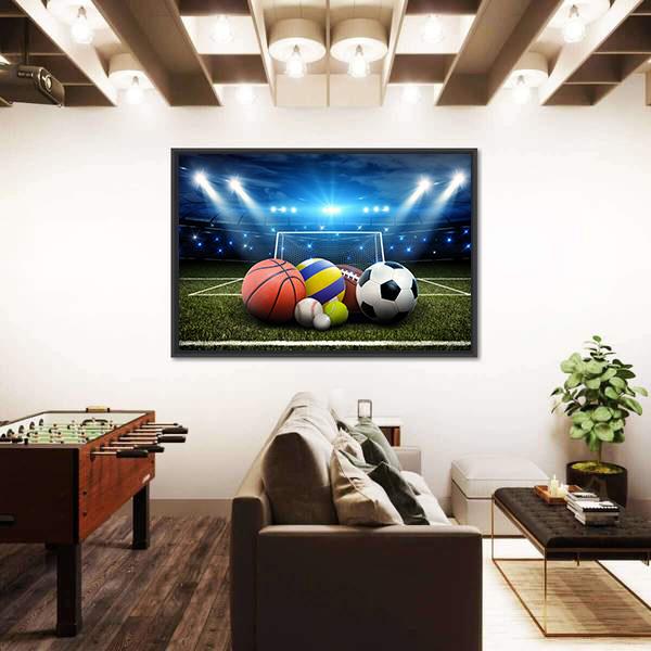 Sports Balls And Stadium Panoramic Canvas Wall Art-1 Piece-36&quot; x 12&quot;-Tiaracle
