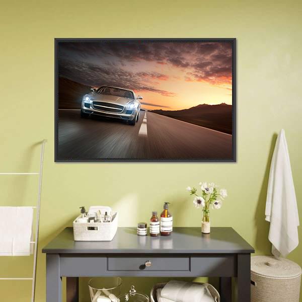 Sports Car On Highway Canvas Wall Art-1 Piece-Floating Frame-24" x 16"-Tiaracle