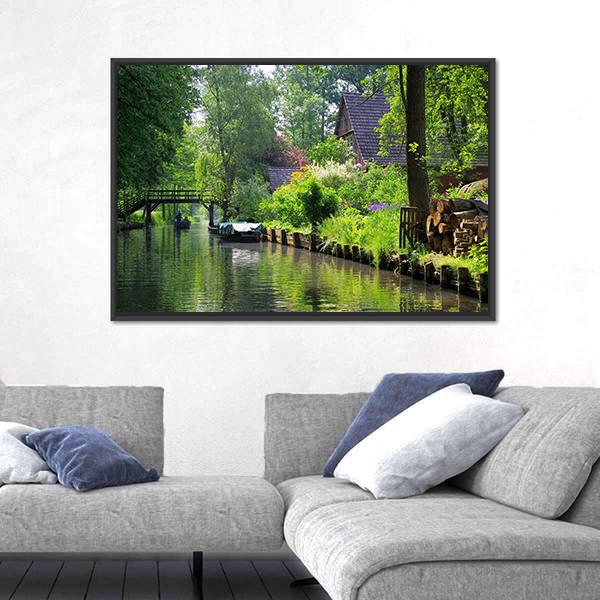 Spree Forest House On The Water Canvas Wall Art-3 Horizontal-Gallery Wrap-25" x 16"-Tiaracle