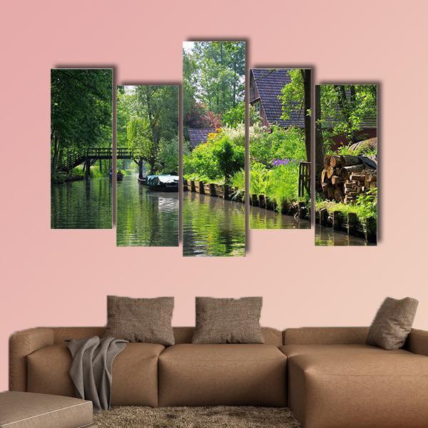 Spree Forest House On The Water Canvas Wall Art-5 Pop-Gallery Wrap-47" x 32"-Tiaracle