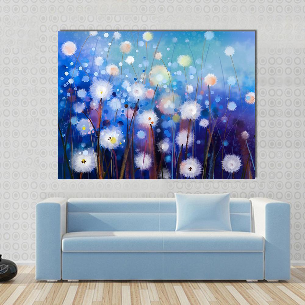 Spring Floral Nature Abstract Canvas Wall Art in white, blue and navy, single panel hung on a wall