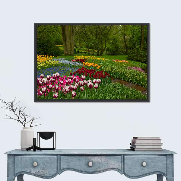 Spring Flowers And Blossom In Dutch Garden Keukenhof Canvas Wall Art-1 Piece-Floating Frame-24" x 16"-Tiaracle