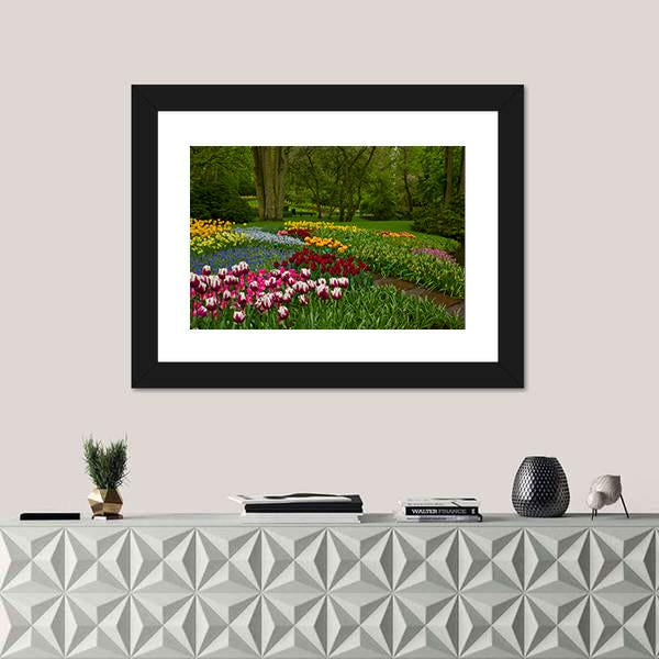 Spring Flowers And Blossom In Dutch Garden Keukenhof Canvas Wall Art-1 Piece-Framed Print-20" x 16"-Tiaracle