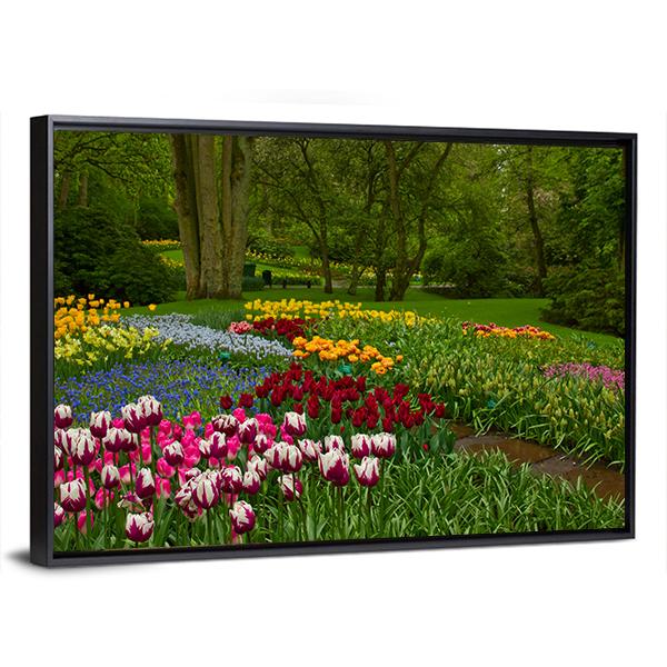 Spring Flowers And Blossom In Dutch Garden Keukenhof Canvas Wall Art-3 Horizontal-Gallery Wrap-25" x 16"-Tiaracle