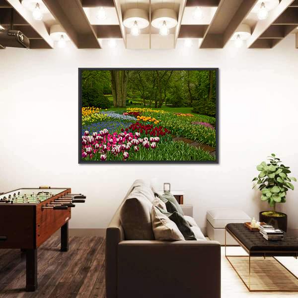 Spring Flowers And Blossom In Dutch Garden Keukenhof Canvas Wall Art-3 Horizontal-Gallery Wrap-25" x 16"-Tiaracle