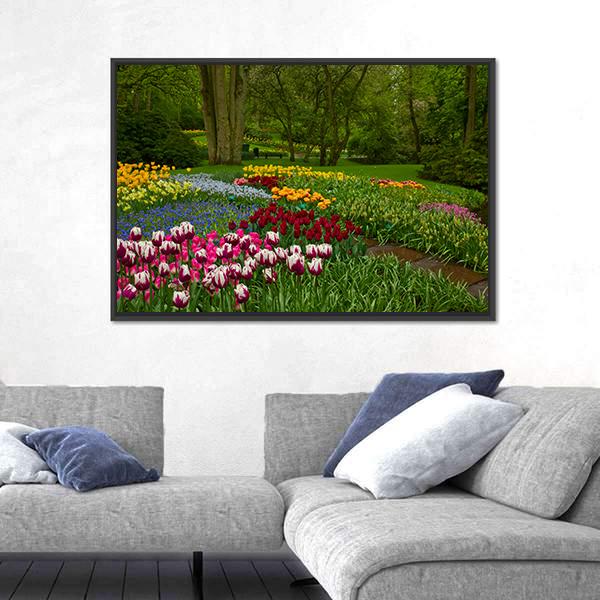 Spring Flowers And Blossom In Dutch Garden Keukenhof Canvas Wall Art-3 Horizontal-Gallery Wrap-25" x 16"-Tiaracle