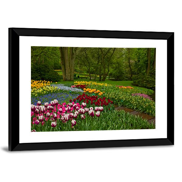 Spring Flowers And Blossom In Dutch Garden Keukenhof Canvas Wall Art-3 Horizontal-Gallery Wrap-25" x 16"-Tiaracle