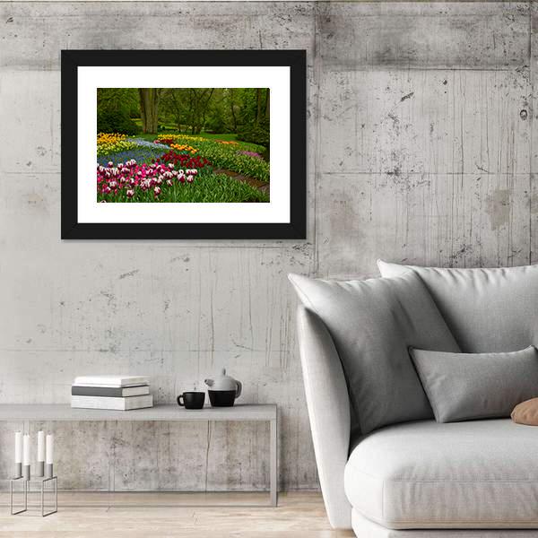 Spring Flowers And Blossom In Dutch Garden Keukenhof Canvas Wall Art-3 Horizontal-Gallery Wrap-25" x 16"-Tiaracle
