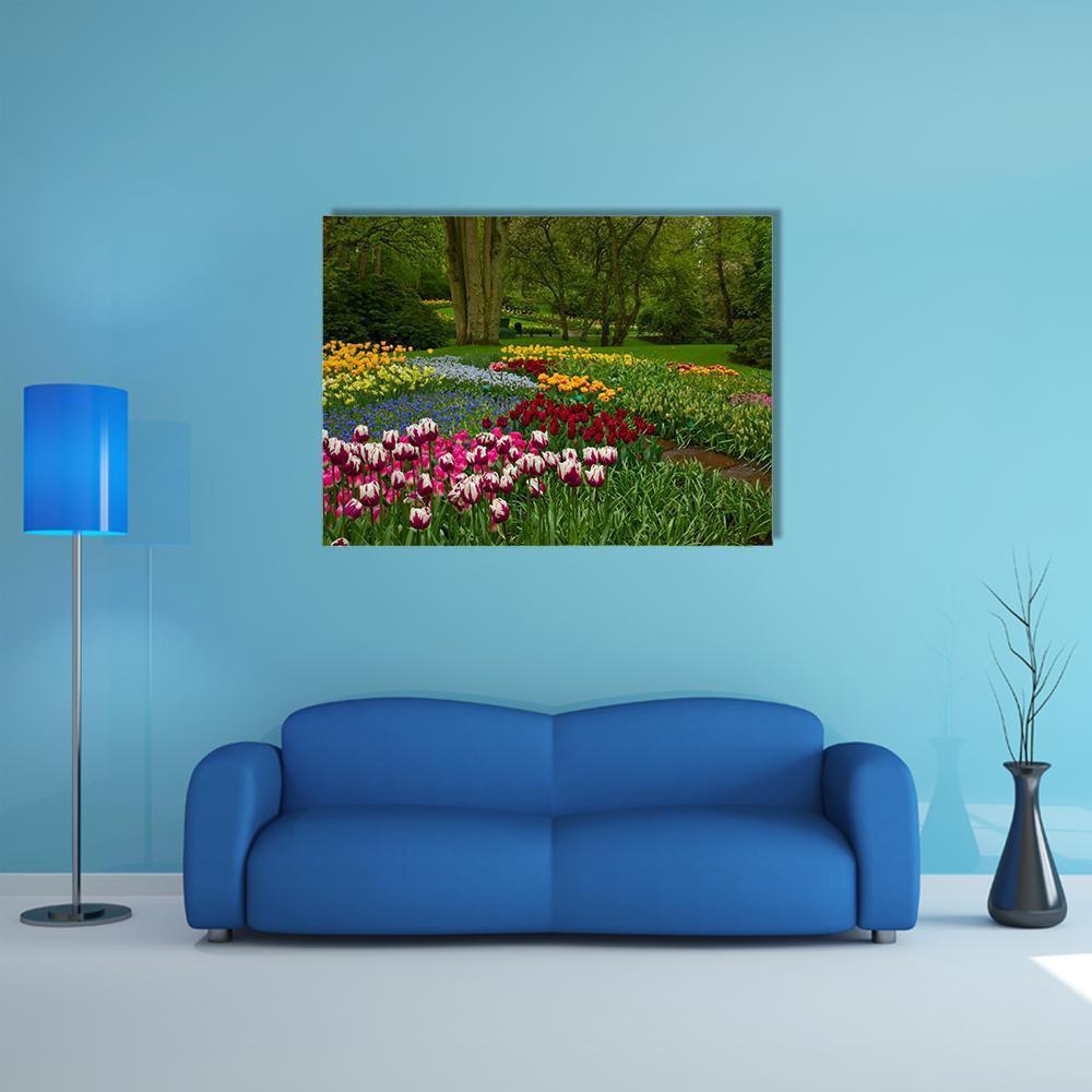 Spring Flowers And Blossom In Dutch Garden Keukenhof Canvas Wall Art-1 Piece-Gallery Wrap-48" x 32"-Tiaracle