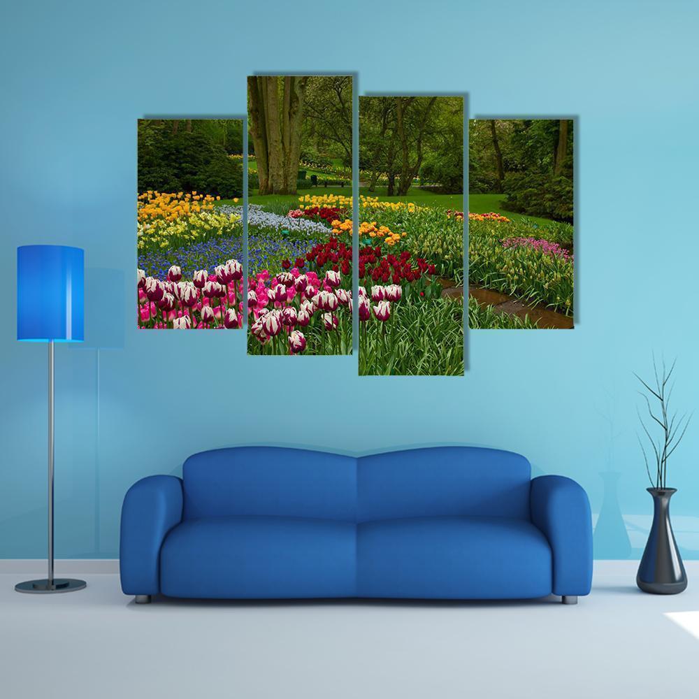 Spring Flowers And Blossom In Dutch Garden Keukenhof Canvas Wall Art-4 Pop-Gallery Wrap-50" x 32"-Tiaracle